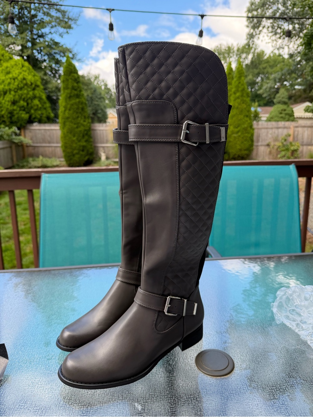 Quilted Tall Riding Boots with Buckle Accents - Black